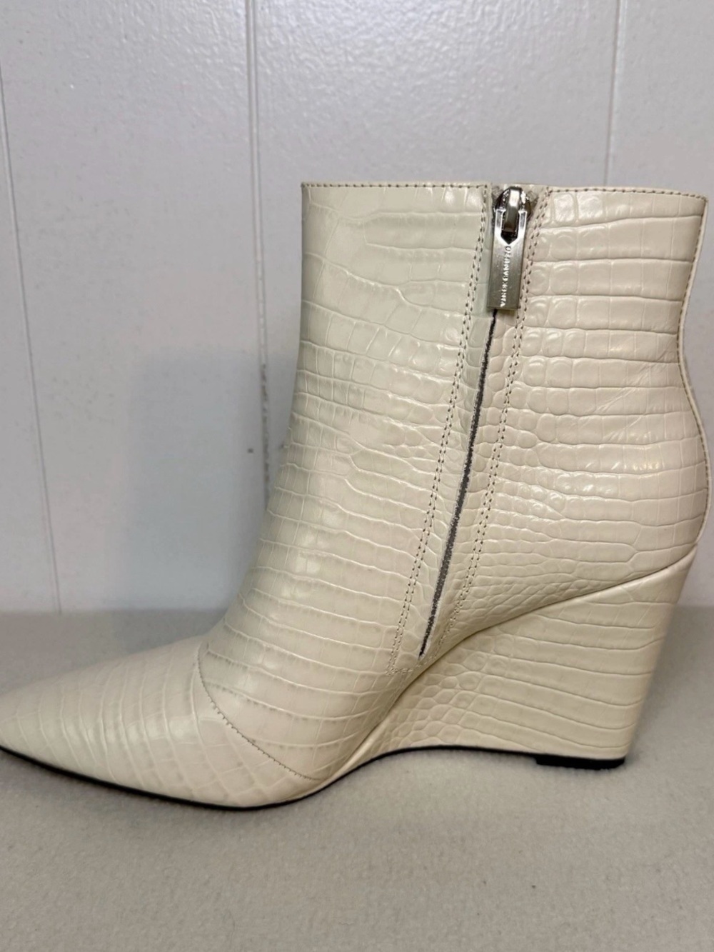 Vince Camuto Croc-Embossed Cream Wedge Ankle Boots - Picture 8 of 15